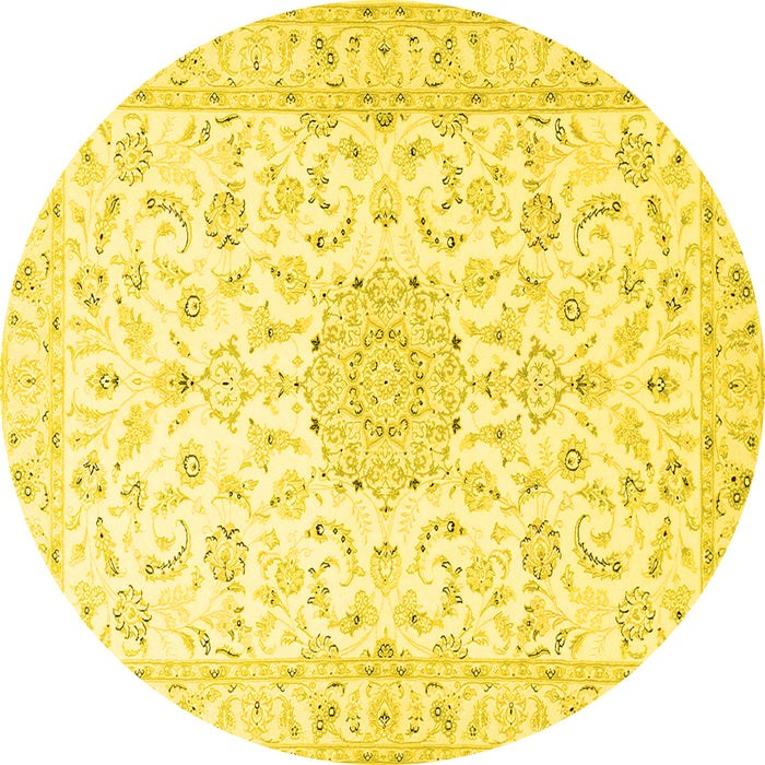 Round Machine Washable Medallion Yellow Traditional Rug, wshtr1589yw