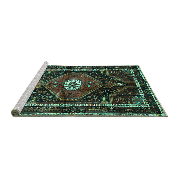 Sideview of Machine Washable Persian Turquoise Traditional Area Rugs, wshtr158turq