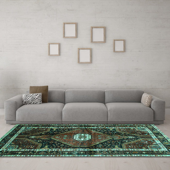 Machine Washable Persian Turquoise Traditional Area Rugs in a Living Room,, wshtr158turq