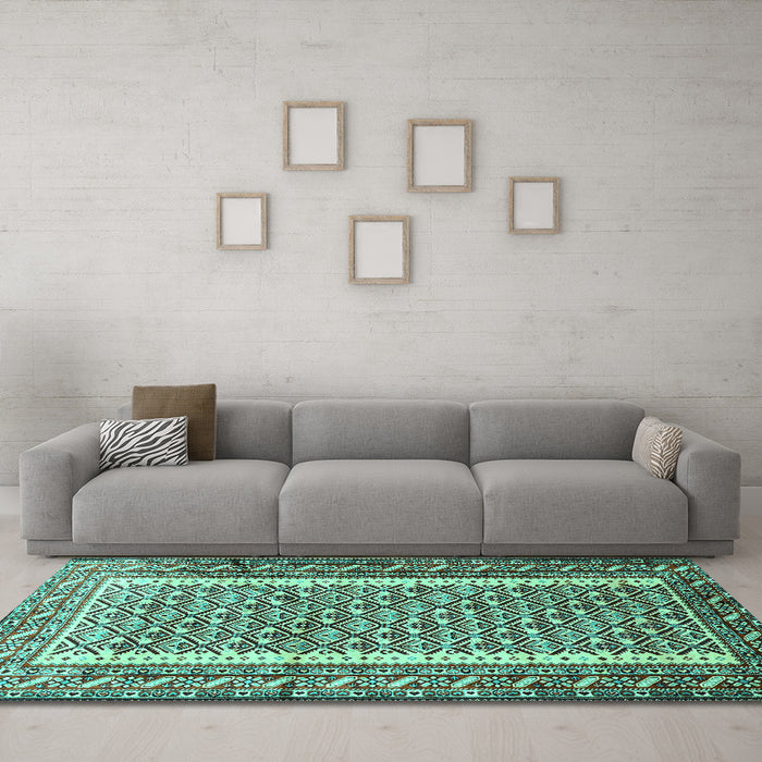 Machine Washable Persian Turquoise Traditional Area Rugs in a Living Room,, wshtr1590turq