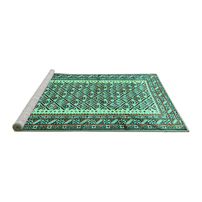 Sideview of Machine Washable Persian Turquoise Traditional Area Rugs, wshtr1590turq