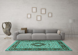 Machine Washable Persian Turquoise Traditional Area Rugs in a Living Room,, wshtr1591turq
