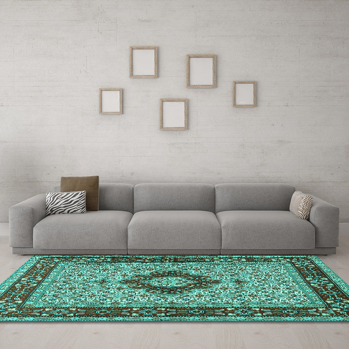 Machine Washable Persian Turquoise Traditional Area Rugs in a Living Room,, wshtr1591turq