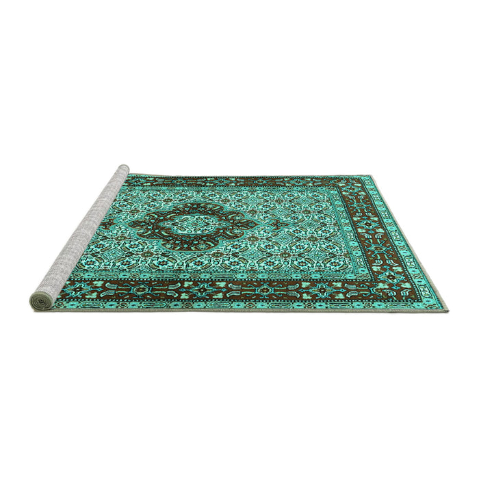 Sideview of Machine Washable Persian Turquoise Traditional Area Rugs, wshtr1591turq