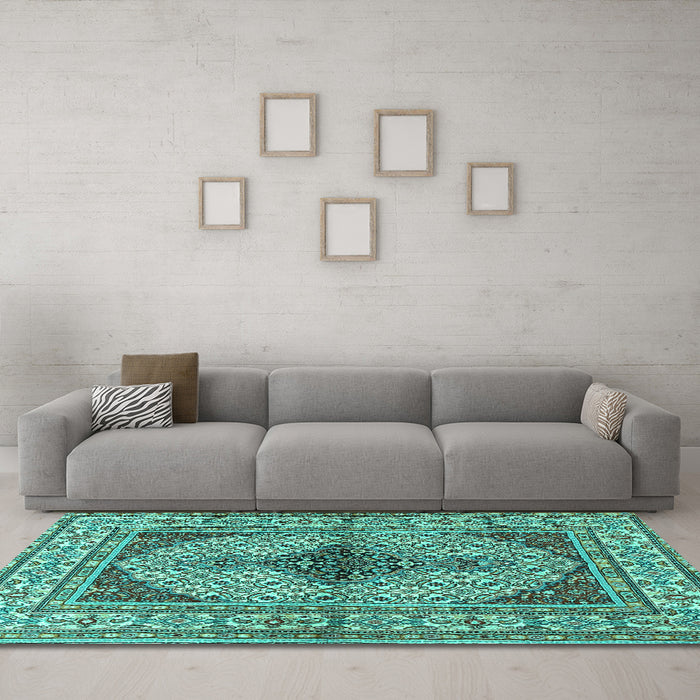 Machine Washable Persian Turquoise Traditional Area Rugs in a Living Room,, wshtr1592turq