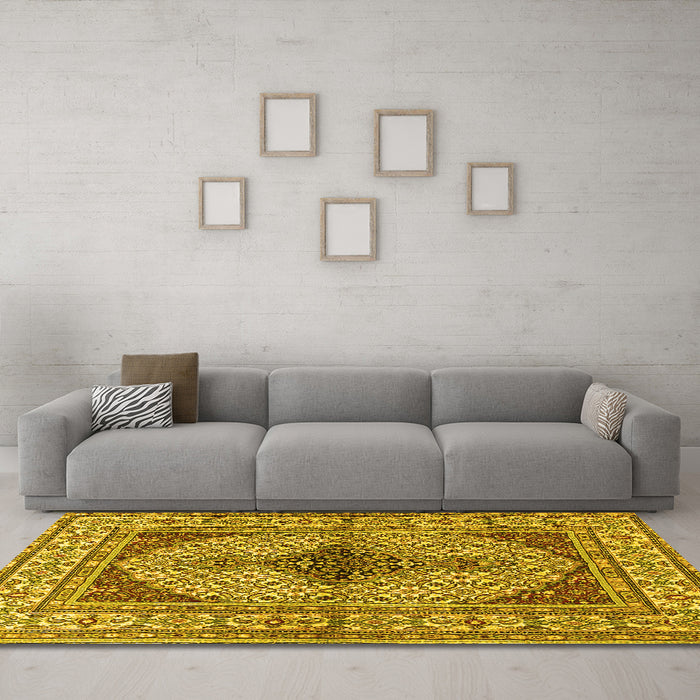 Machine Washable Persian Yellow Traditional Rug in a Living Room, wshtr1592yw