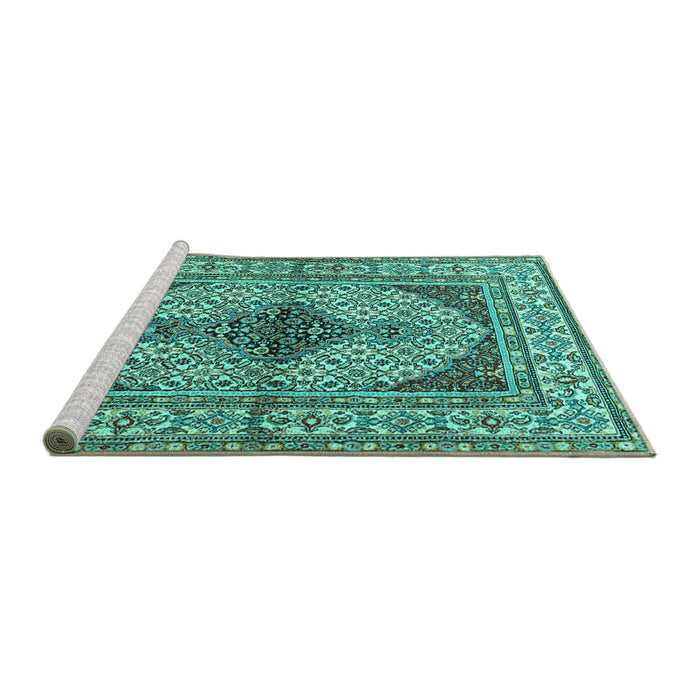 Sideview of Machine Washable Persian Turquoise Traditional Area Rugs, wshtr1592turq