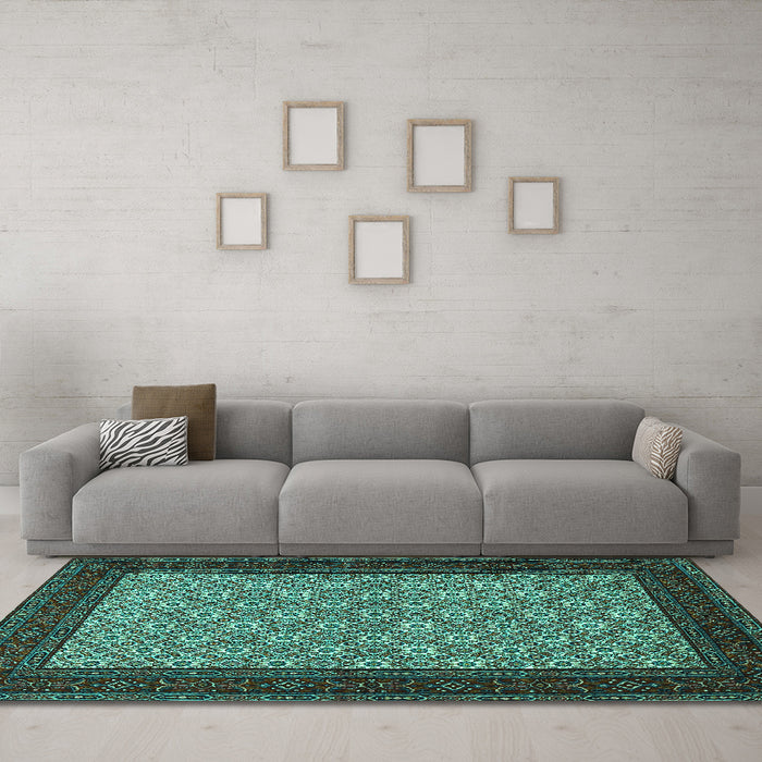 Machine Washable Persian Turquoise Traditional Area Rugs in a Living Room,, wshtr1593turq