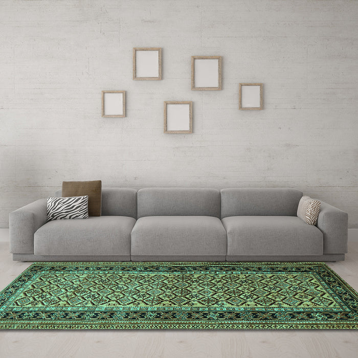 Machine Washable Persian Turquoise Traditional Area Rugs in a Living Room,, wshtr1594turq