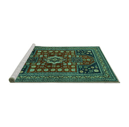 Sideview of Machine Washable Persian Turquoise Traditional Area Rugs, wshtr1595turq