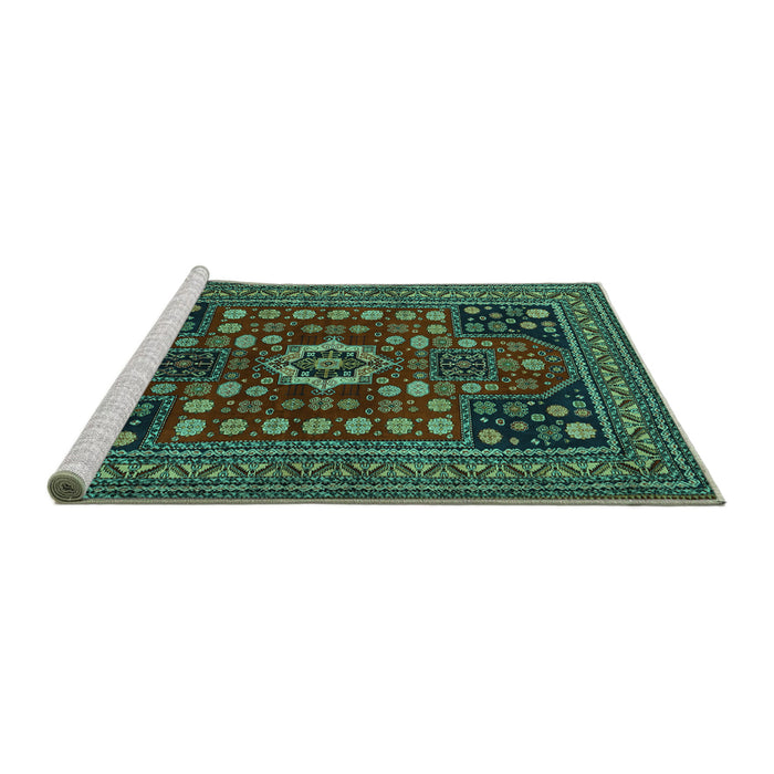 Sideview of Machine Washable Persian Turquoise Traditional Area Rugs, wshtr1595turq