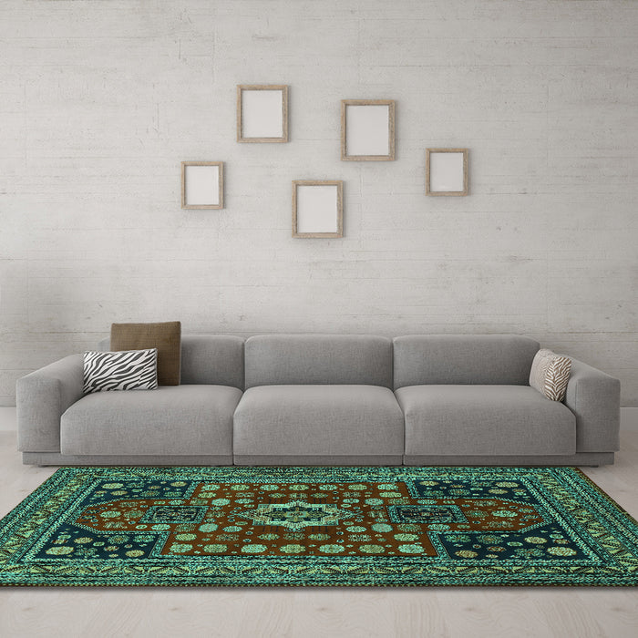 Machine Washable Persian Turquoise Traditional Area Rugs in a Living Room,, wshtr1595turq