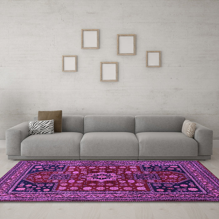 Machine Washable Persian Purple Traditional Area Rugs in a Living Room, wshtr1595pur