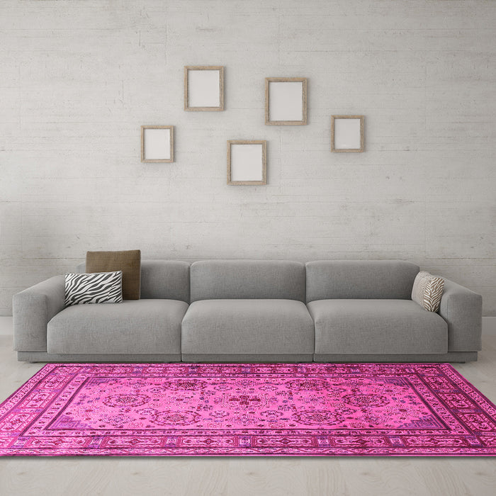 Machine Washable Persian Pink Traditional Rug in a Living Room, wshtr1596pnk
