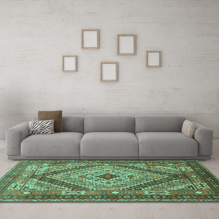 Machine Washable Persian Turquoise Traditional Area Rugs in a Living Room,, wshtr1597turq