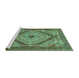 Sideview of Machine Washable Persian Turquoise Traditional Area Rugs, wshtr1597turq