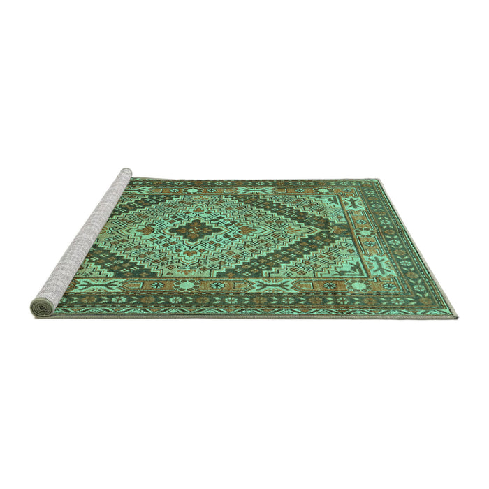 Sideview of Machine Washable Persian Turquoise Traditional Area Rugs, wshtr1597turq