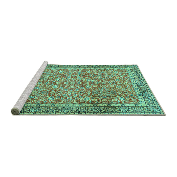 Sideview of Machine Washable Persian Turquoise Traditional Area Rugs, wshtr1599turq