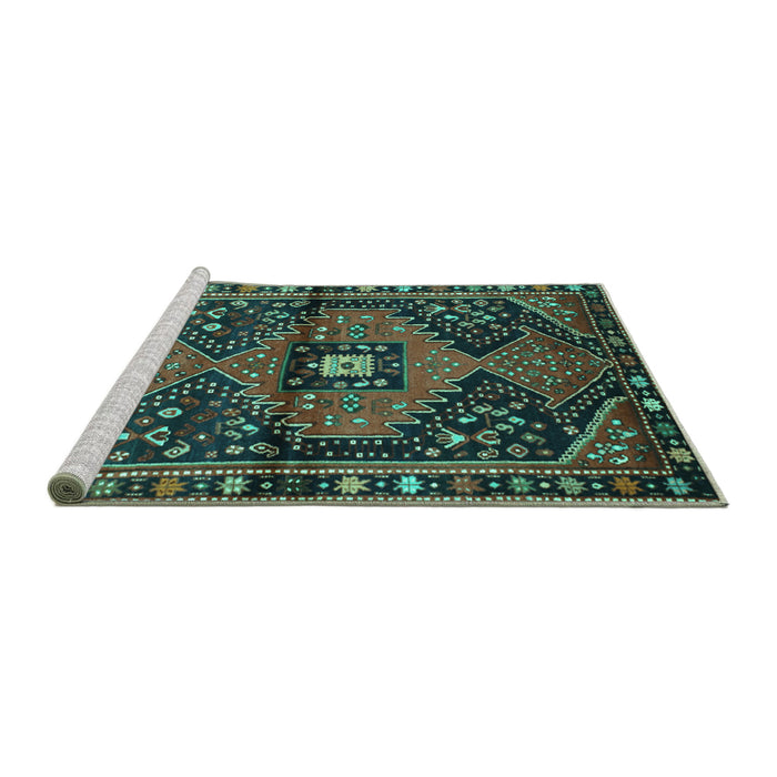 Sideview of Machine Washable Persian Turquoise Traditional Area Rugs, wshtr159turq