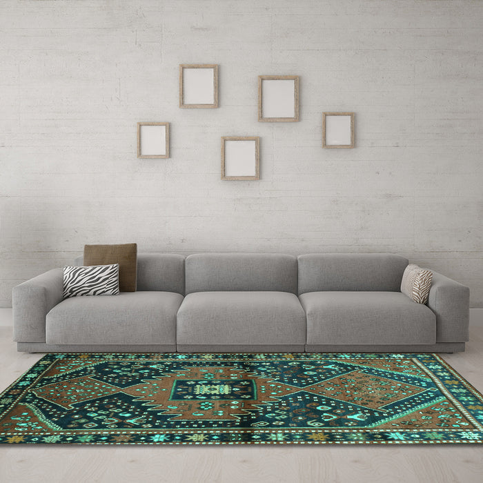 Machine Washable Persian Turquoise Traditional Area Rugs in a Living Room,, wshtr159turq