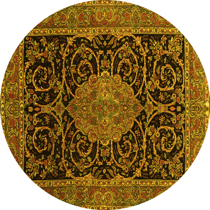 Round Machine Washable Medallion Yellow Traditional Rug, wshtr15yw