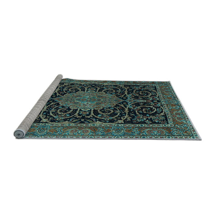 Sideview of Machine Washable Medallion Light Blue Traditional Rug, wshtr15lblu