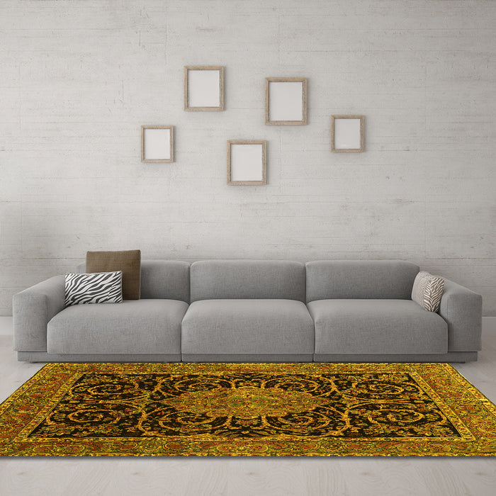 Machine Washable Medallion Yellow Traditional Rug in a Living Room, wshtr15yw