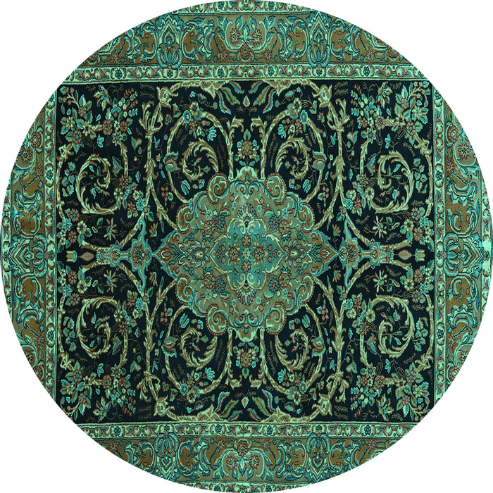 Round Machine Washable Medallion Turquoise Traditional Area Rugs, wshtr15turq