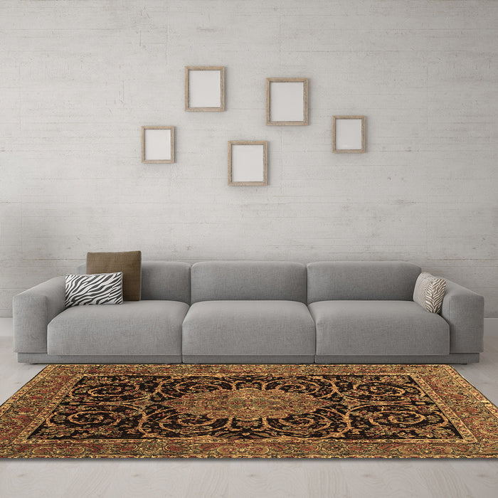 Machine Washable Medallion Brown Traditional Rug in a Living Room,, wshtr15brn