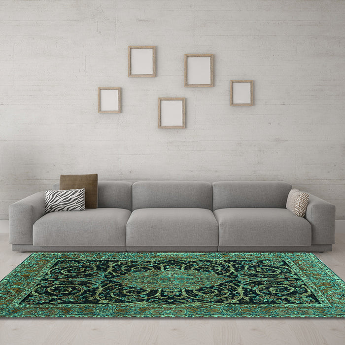 Machine Washable Medallion Turquoise Traditional Area Rugs in a Living Room,, wshtr15turq