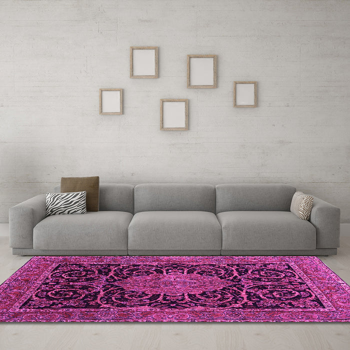 Machine Washable Medallion Pink Traditional Rug in a Living Room, wshtr15pnk