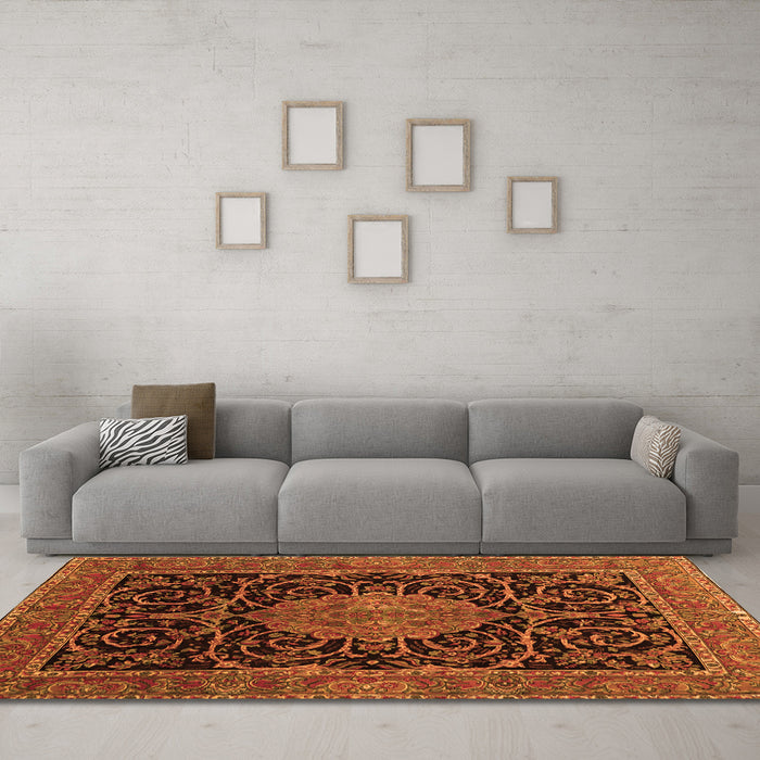 Machine Washable Medallion Orange Traditional Area Rugs in a Living Room, wshtr15org