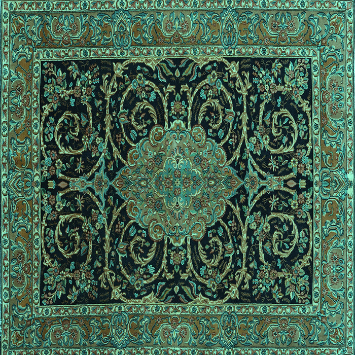 Square Machine Washable Medallion Turquoise Traditional Area Rugs, wshtr15turq