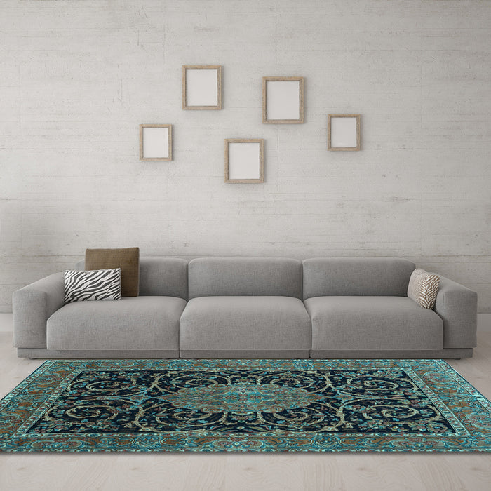 Machine Washable Medallion Light Blue Traditional Rug in a Living Room, wshtr15lblu