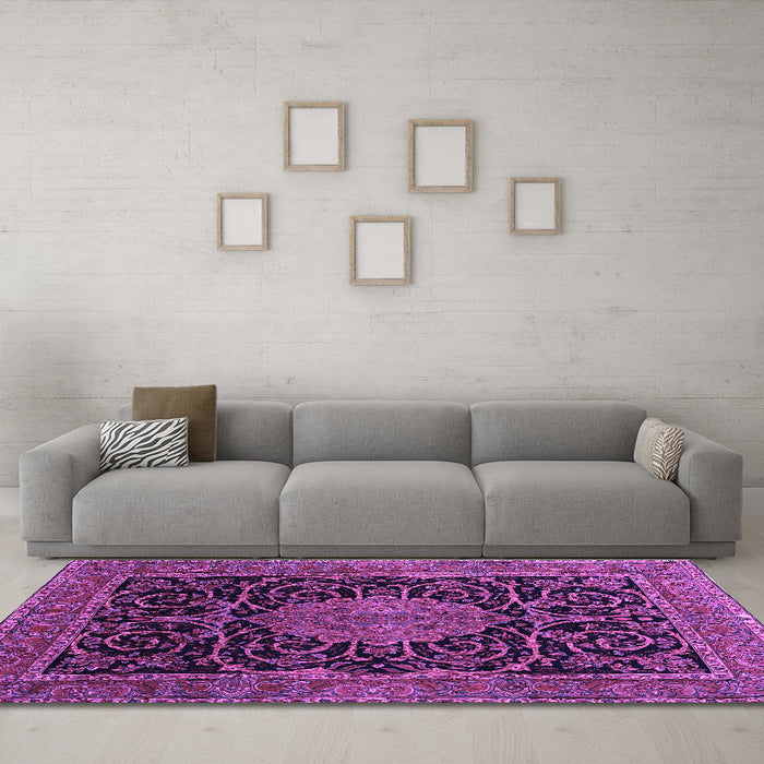 Machine Washable Medallion Purple Traditional Area Rugs in a Living Room, wshtr15pur