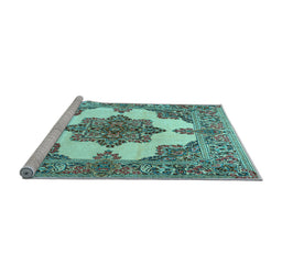 Sideview of Machine Washable Medallion Light Blue Traditional Rug, wshtr1600lblu