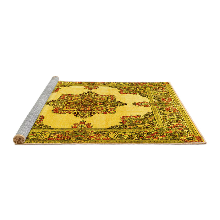 Sideview of Machine Washable Medallion Yellow Traditional Rug, wshtr1600yw