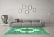 Machine Washable Medallion Turquoise Traditional Area Rugs in a Living Room,, wshtr1600turq