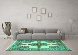 Machine Washable Medallion Turquoise Traditional Area Rugs in a Living Room,, wshtr1600turq
