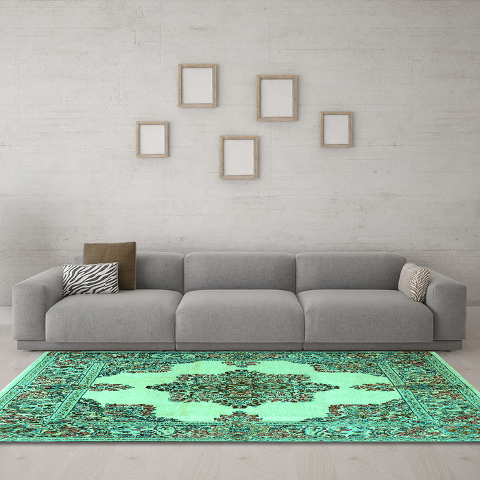 Machine Washable Medallion Turquoise Traditional Area Rugs in a Living Room,, wshtr1600turq