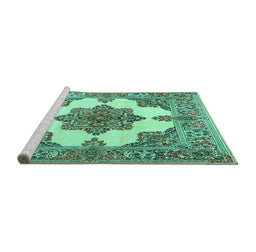 Sideview of Machine Washable Medallion Turquoise Traditional Area Rugs, wshtr1600turq