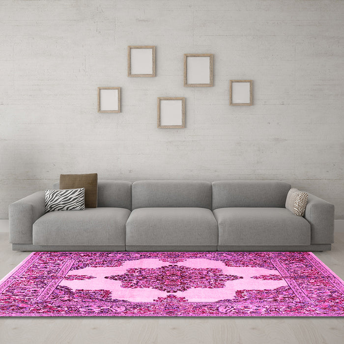 Machine Washable Medallion Pink Traditional Rug in a Living Room, wshtr1600pnk