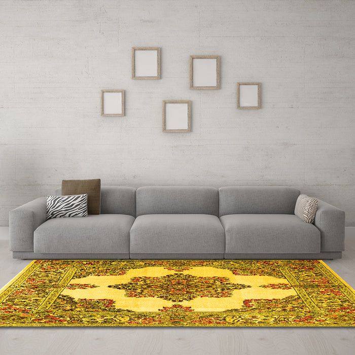 Machine Washable Medallion Yellow Traditional Rug in a Living Room, wshtr1600yw