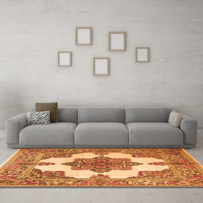 Machine Washable Medallion Orange Traditional Area Rugs in a Living Room, wshtr1600org