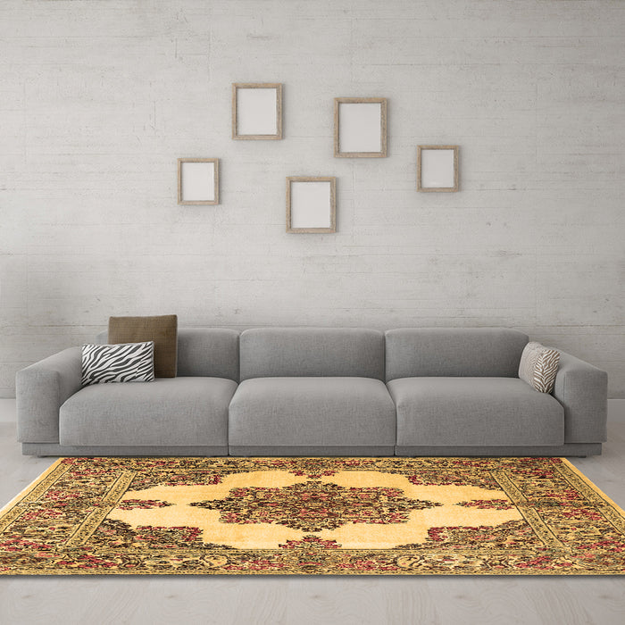 Machine Washable Medallion Brown Traditional Rug in a Living Room,, wshtr1600brn
