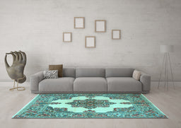 Machine Washable Medallion Light Blue Traditional Rug in a Living Room, wshtr1600lblu
