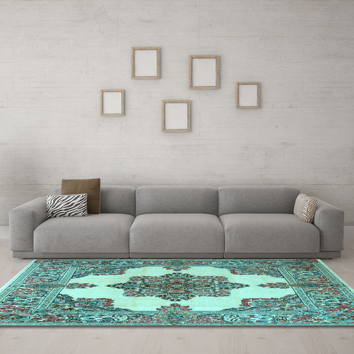 Machine Washable Medallion Light Blue Traditional Rug in a Living Room, wshtr1600lblu
