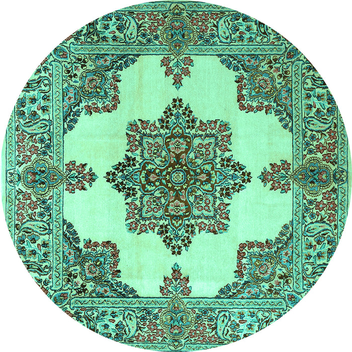 Round Machine Washable Medallion Turquoise Traditional Area Rugs, wshtr1600turq