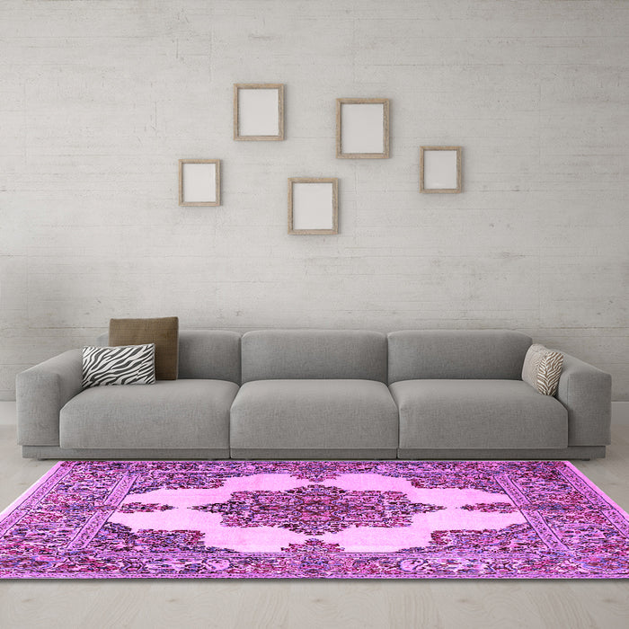 Machine Washable Medallion Purple Traditional Area Rugs in a Living Room, wshtr1600pur