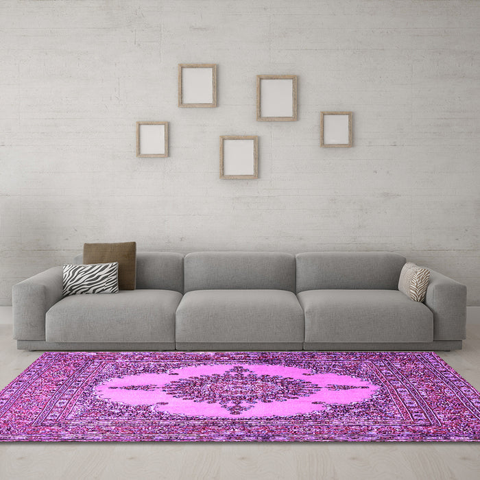 Machine Washable Medallion Purple Traditional Area Rugs in a Living Room, wshtr1601pur